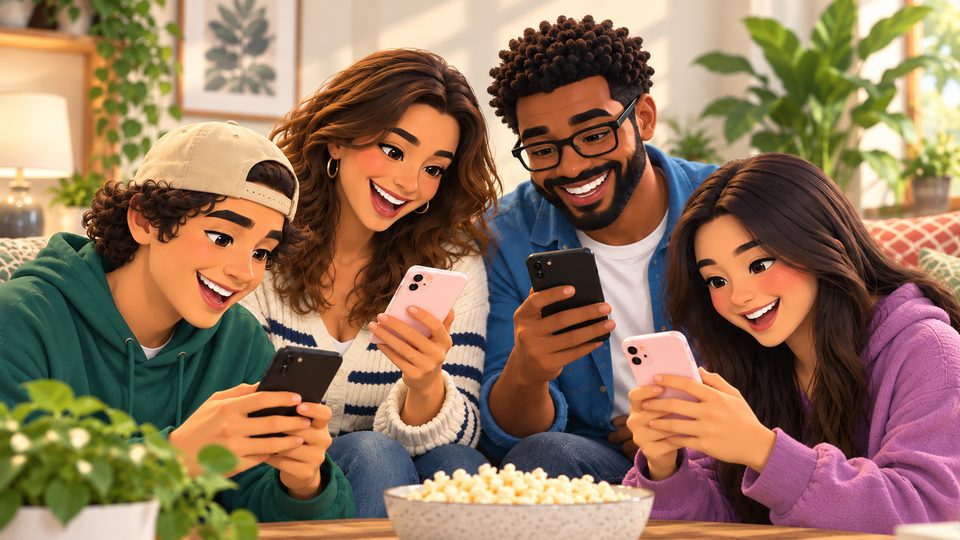 Four friends on a sofa laughing at their phones over a bowl of popcorn.